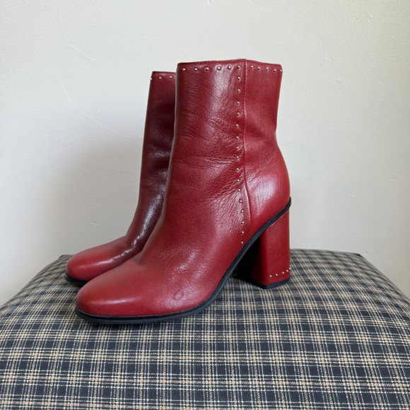 Marc Fisher Shoes - Marc Fisher Piazza Studded Red Leather Block Heel Ankle Boots Size 7M Red